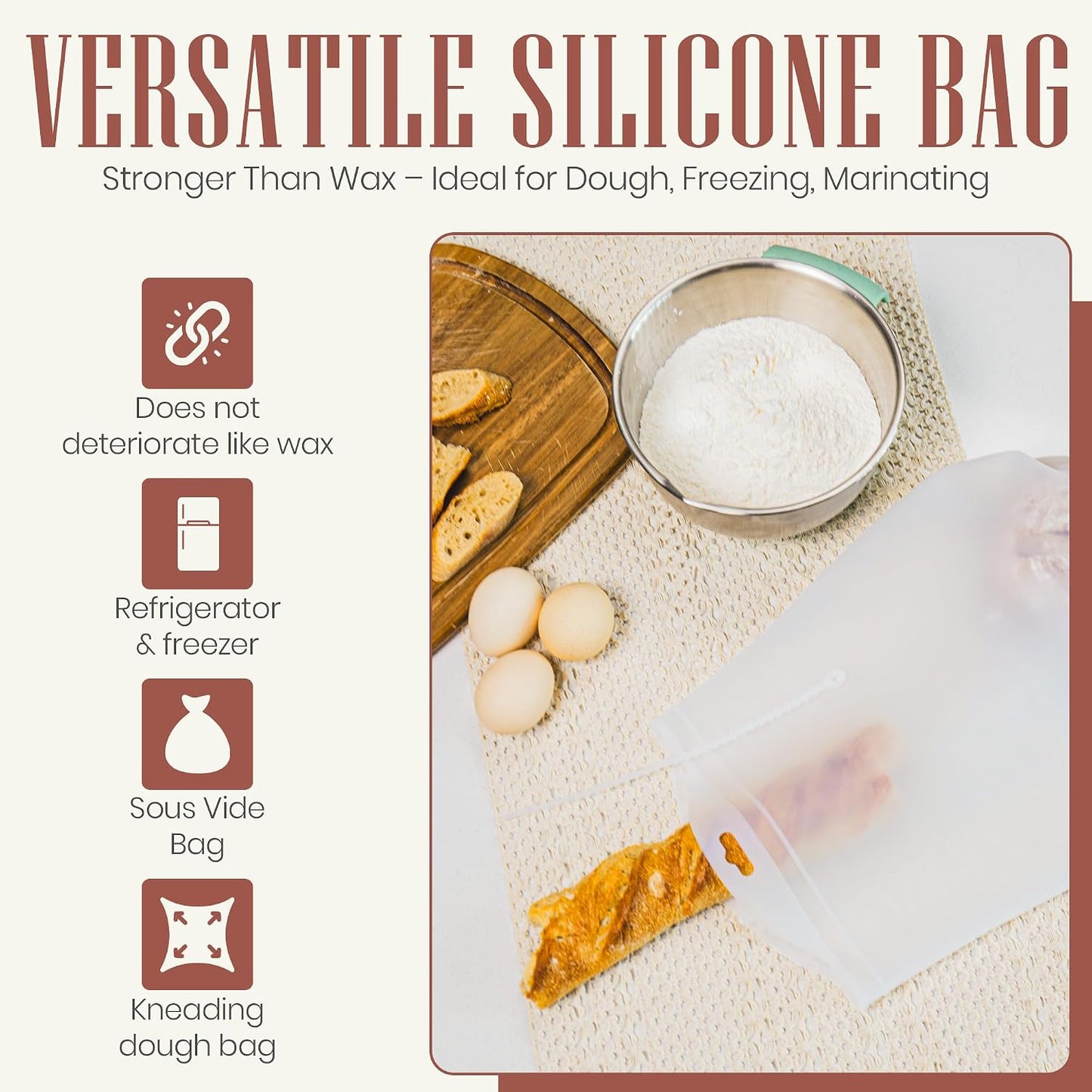 Bread Bags for Homemade Bread, Sourdough &amp; Gluten Free Bread with Multifunctional Reusable Silicone Inserts. Silicone Kneading Dough Bag, Pizza Dough, Tortilla &amp; Pasta Storage Bags - (16x11inch)