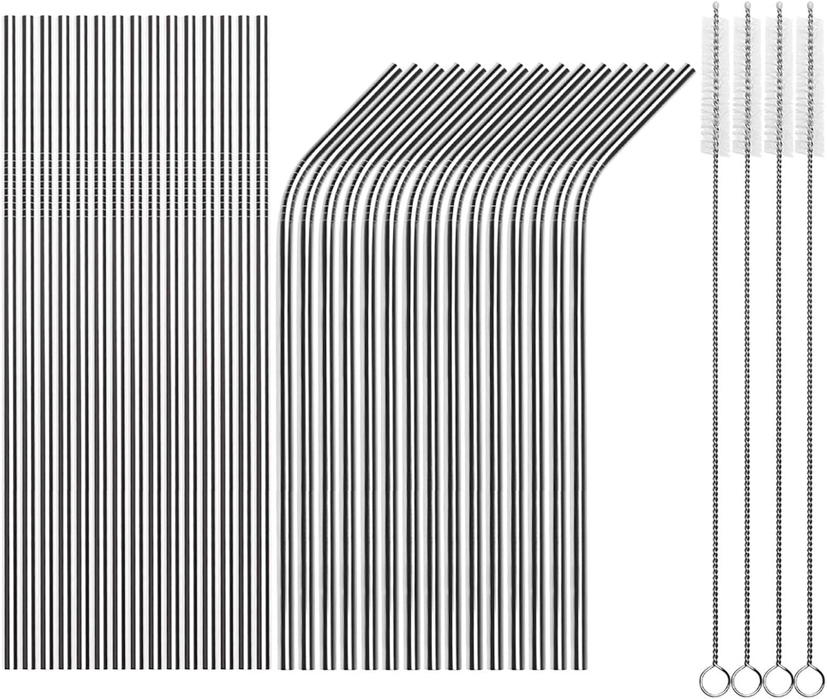 Tomorotec 30 PCS Straight &amp; Bent Stainless Steel Straws for Tumblers, 8.5” | 15 Straight &amp; 15 Bent Reusable Drinking Straws, 8.5” Metal Straw with Brushes for Smoothies Juice Beverage Cocktails (Silver)