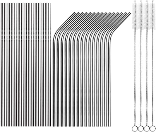 Tomorotec 30 PCS Straight &amp; Bent Stainless Steel Straws for Tumblers, 8.5” | 15 Straight &amp; 15 Bent Reusable Drinking Straws, 8.5” Metal Straw with Brushes for Smoothies Juice Beverage Cocktails (Silver)