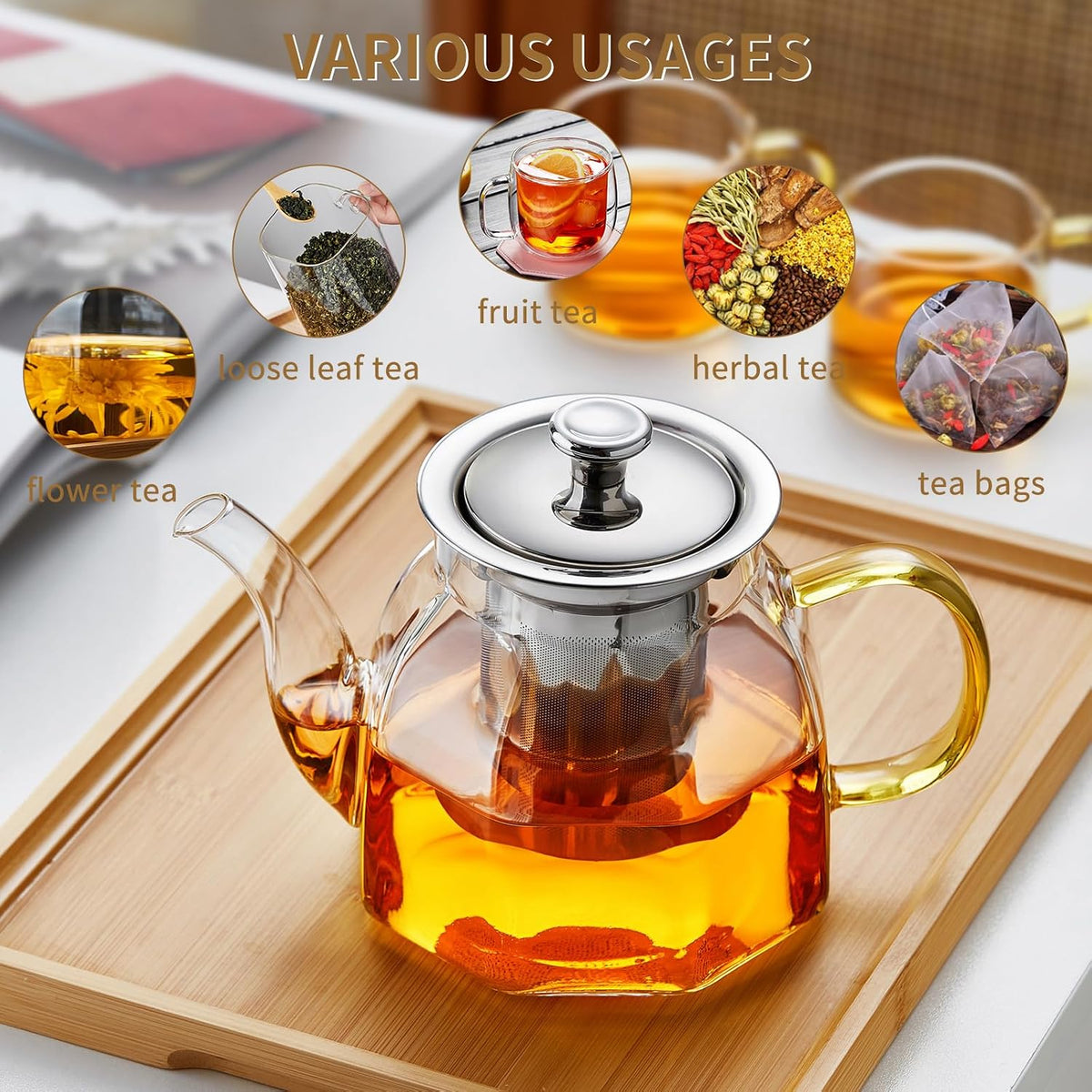 Glass Tea Pot with Stainless Steel Infuser and Lid (Octagonal), Clear Glass Teapot, Borosilicate Hydrochloric Glass Heat Resistant, Fine Glass Filter for Flower Tea, Tea Bags (27 oz / 800 ml)