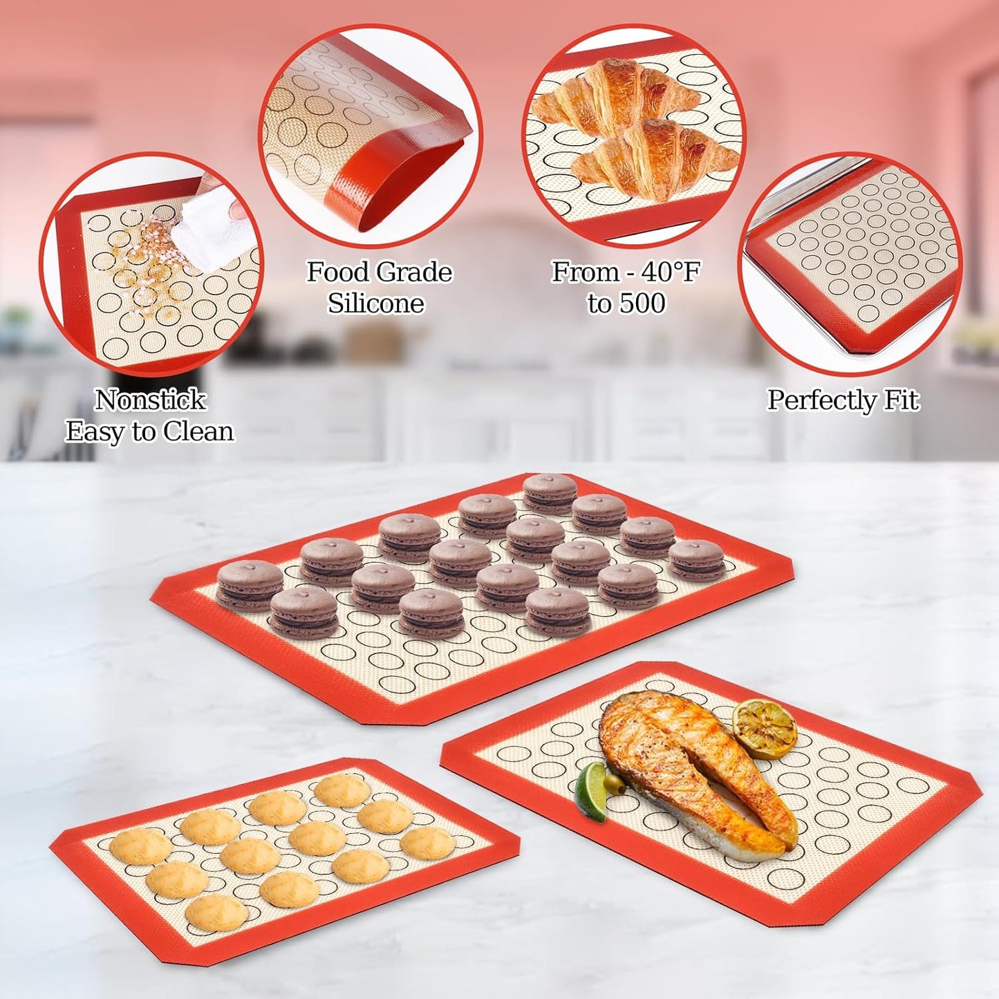 Baking Sheet with Silicone Baking Mat Set, Stainless Steel 3 Pans + 3 Mats | 9/10/12 Inches Cookie Sheets for Baking, CEKEE Baking Sheet Pan Set, Heavy Duty Design for Baking, Roasting and Cooking
