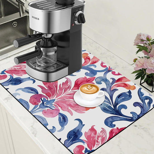 Blue and Pink Damask Coffee Mat Absorbent Dish Drying Mat for Kitchen Counter Hide Stain Coffee Bar Accessories with Rubber
