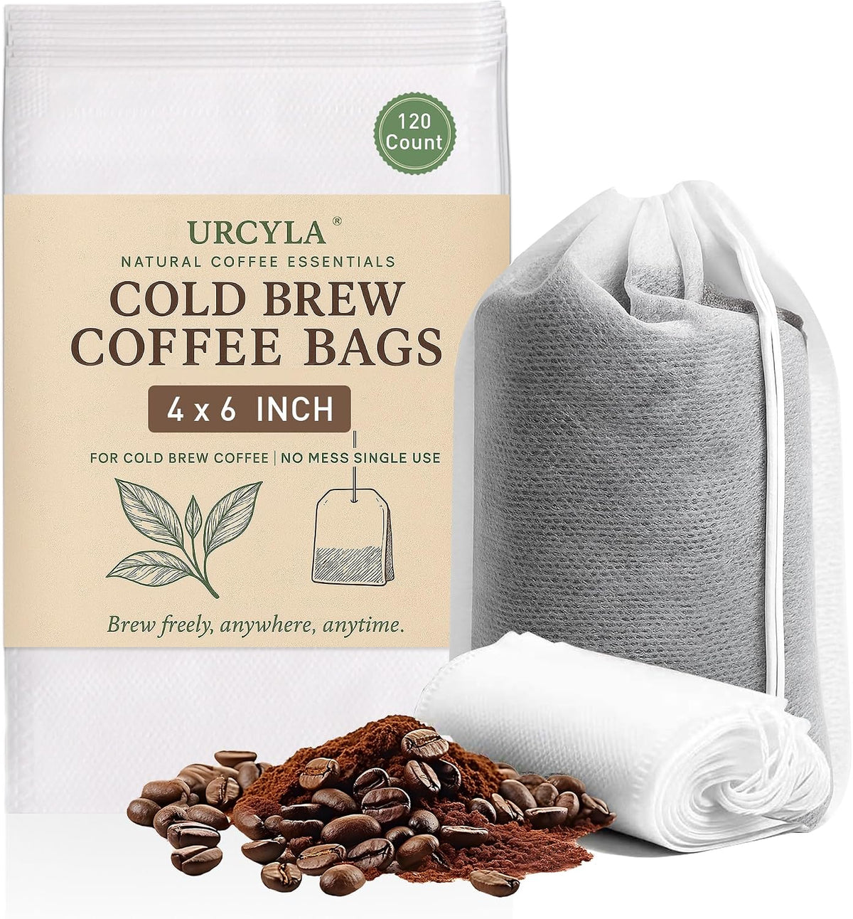 Cold Brew Bags, 120 Count Brew Coffee Filter Bags, 4x6 Inch | Disposable Fine Mesh Drawstring Pouches, Fits Mason Jars &amp; French Press, Ideal for Cold Brew, Coffee, Tea, Herbs &amp; Spices