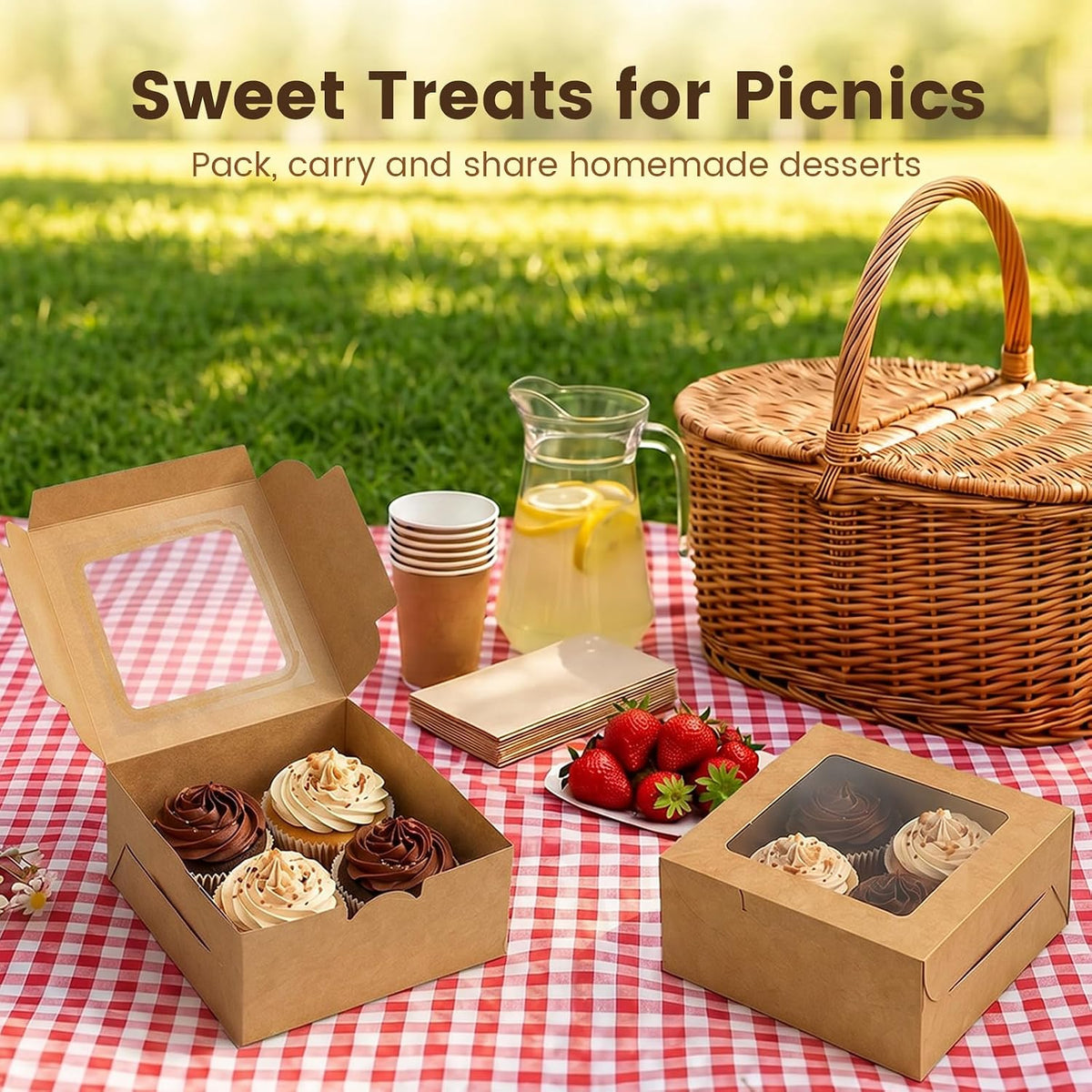 OAMCEG 6x6x3Inch Cupcake Boxes with Window,50 Pcs Cookie Bakery Boxes,Brown