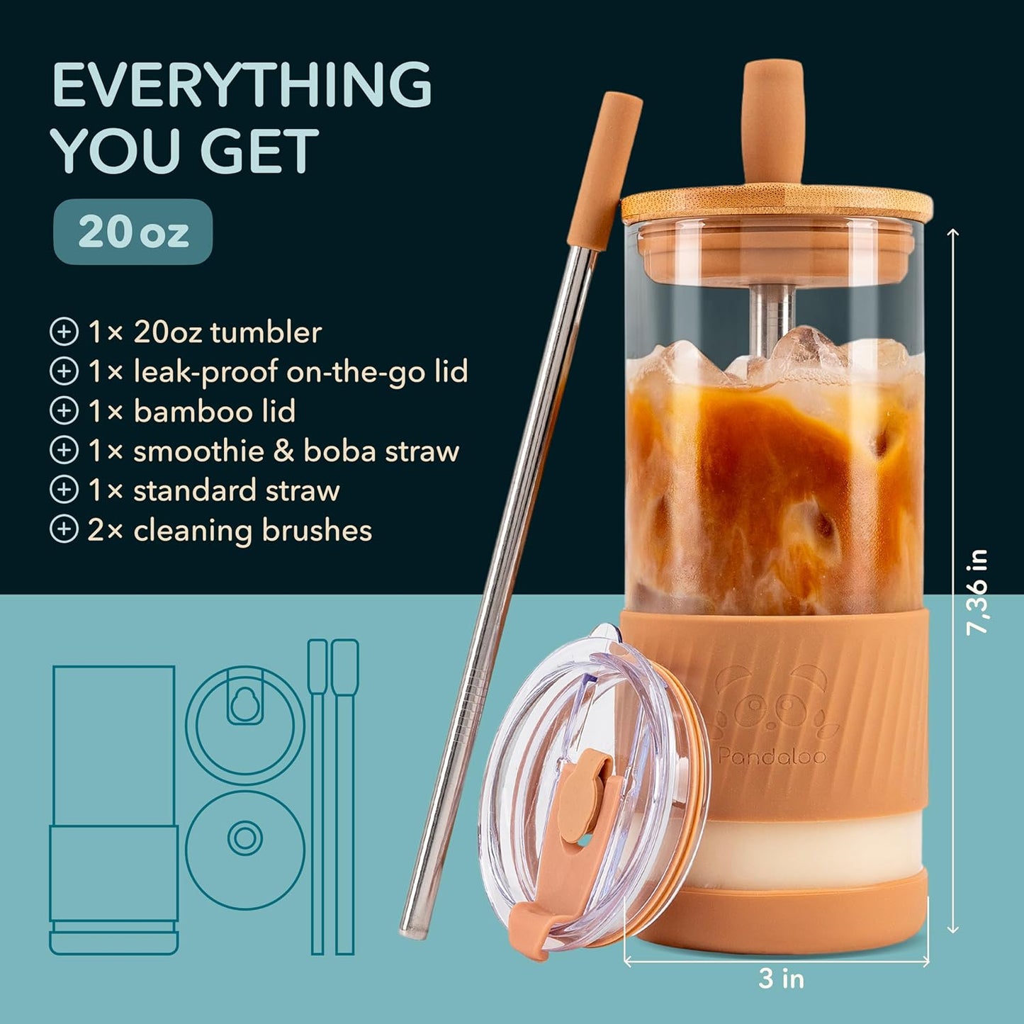 Pandaloo® Glass Cups With Lids and Straws -20 Fl Oz- Perfect Size Iced Coffee Cup - Smoothie Cup With Bamboo Lid and On the go Lid - Glass Tumbler With Straw (1 Count (Pack of 1), Amber Sand)