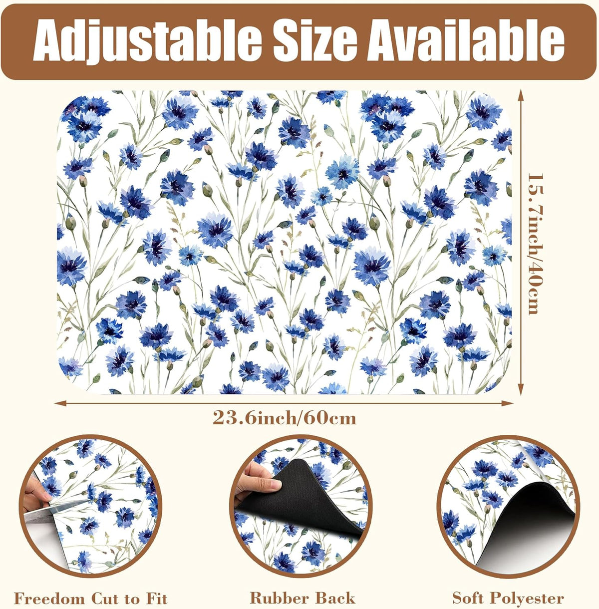 Watercolor Blue Cornflower Dish Drying Mat for Kitchen Counter Floral Coffee Bar Mat Hide Stain Absorbent Rubber Backed Drying Rack Pad Espresso Machine Coffee Bar Accessories 15.7 x 23.6 Inch