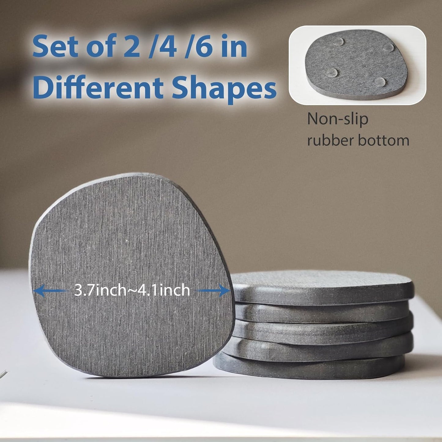 6 Pack Diatomite Absorbent Coasters for Drinks, Fast Drying Stone Coasters | XRzitky Diatomaceous Earth Instant Moisture Water Absorbing and Drying Coasters for Table Desk at Work, Dark Gray
