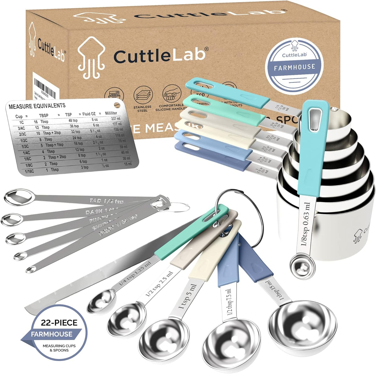 22-Piece Stainless Steel Measuring Cups and Spoons Set, Tad Dash Pinch Smidgen Drop Mini Measuring Spoons, Measuring Stick Leveler, Measurement Conversion Chart Fridge Magnet, (Farmhouse)