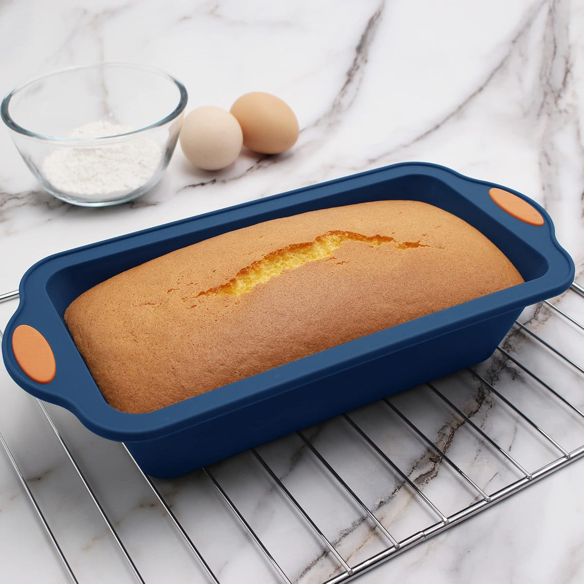 8 in 1 Silicone Baking Set - 6 Cake Molds - 2 Silicone Baking Mat, Nonstick Cookie Sheet, Cake Muffin Bread Pan with Grips and Metal Reinforced Frame More Strength, Navy Blue