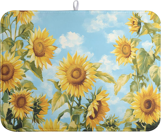 Summer Sunflower Dish Drying Mat for Kitchen Counter Watercolor Rustic Sunflowers Kitchen Dishes Dryer Pad Absorbent Matt
