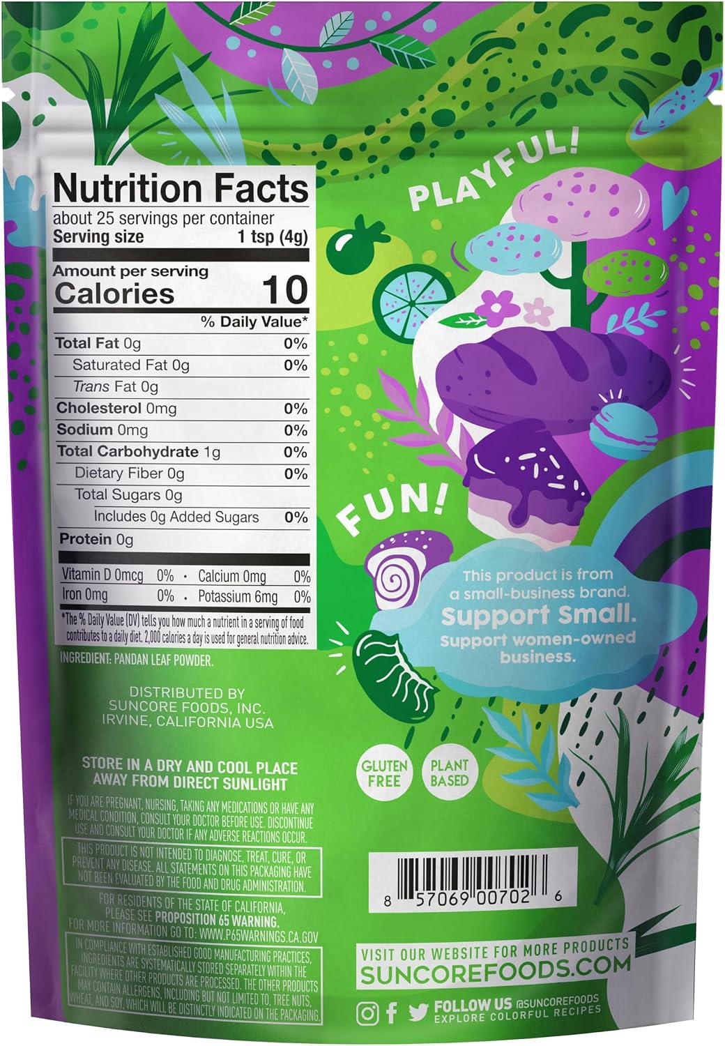 Suncore Foods Emerald Pandan Leaf Powder 3.5oz | Gluten Free | Vegan | Natural Green Food Coloring, For Baking, Drinks, Desserts, Smoothies, Gourmet Flavor, Non-GMO, No Caffein, Resealable Pouch