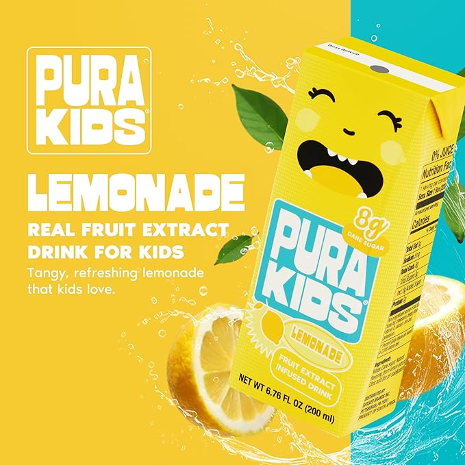 PURA Kids Box | Lemonade Fruit extract infused Drink for kids | 8g Pure Cane Sugar | Non-GMO | Vegan, No Artificial Sweeteners | Best Lunchbox Beverage with Paper Straw | 6.76 fl oz (200ml), Pack of 24