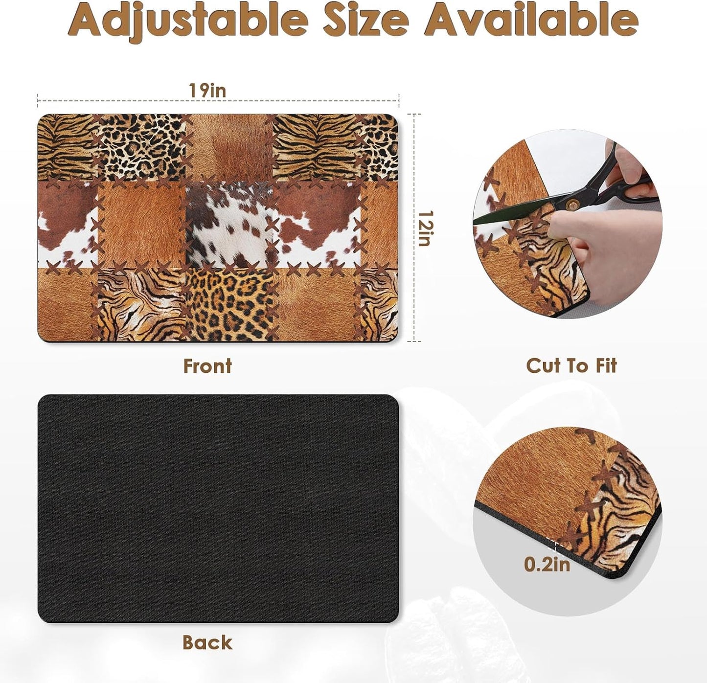 Arttown Coffee Mat for Countertops, 2 Pcs, 12" x 19" Cow Tiger | Leopard Patchwork Tribal Dish Drying Mats Rubber Backed, Kitchen Bar Accessories for Espresso Machine Rack Hide Stain