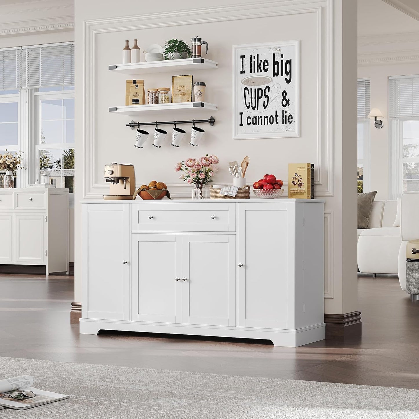 HITHOS 54" Buffet Cabinet with Storage, Modern Kitchen Buffet Sideboard with Drawer, Wood Coffee Bar Station with Adjustable Shelves, Kitchen Storage Cabinet for Living Room, White
