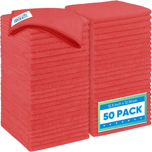 HOMEXCEL Red Microfiber Cleaning Cloth 50 Pack, 12.5 x 12.5 inch Microfiber Towels for Cars, Ultra Absorbent Car Washing