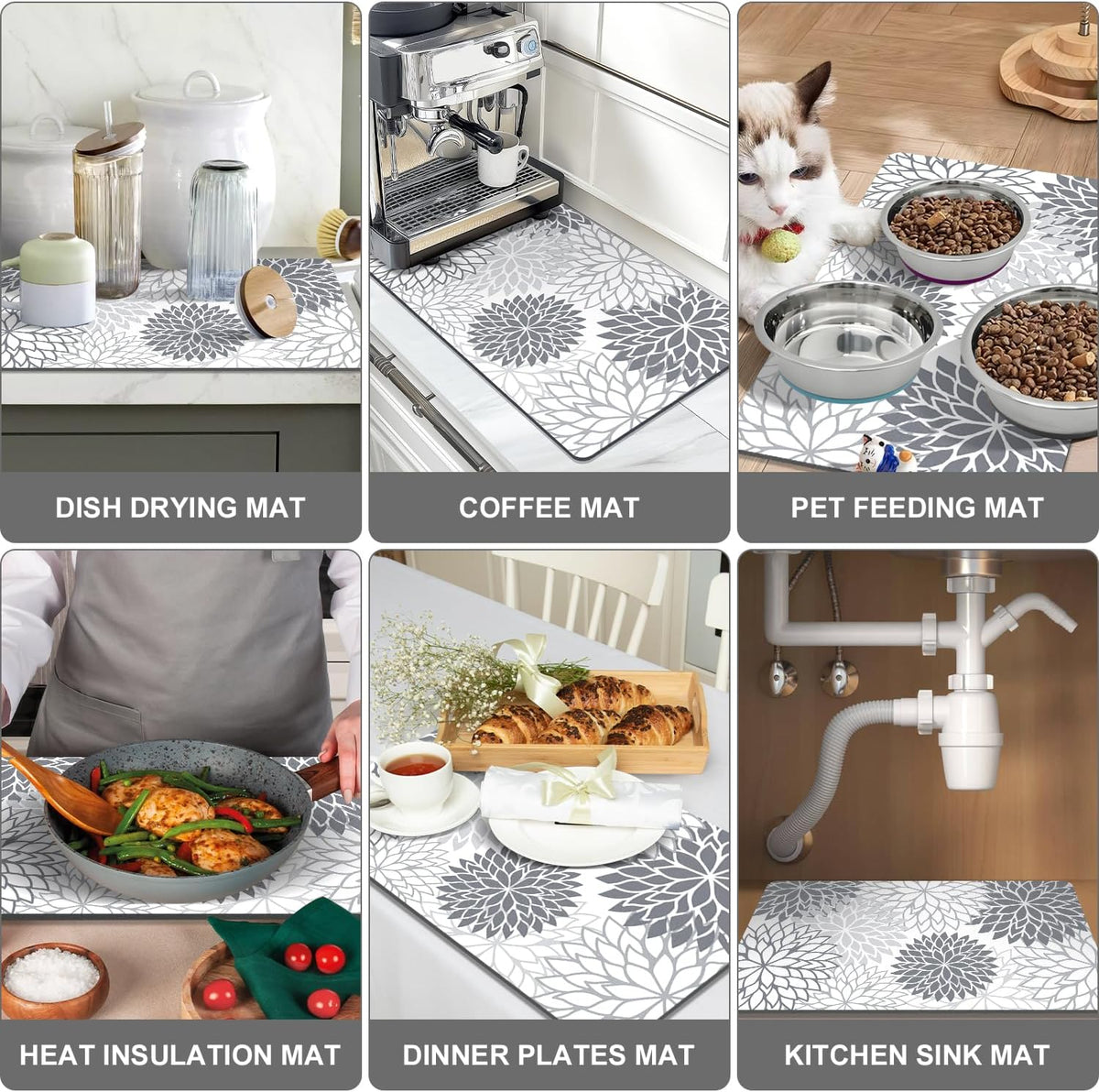 Findosom 2PCS 17" x 32" Dish Drying Mat & 24" x 5.5" Sink Splash Guard, Super Absorbent & Cuttable Dish Mat Drying Kitchen Mat with Gray Floral, Hide Stain Drying Mat for Kitchen Counter