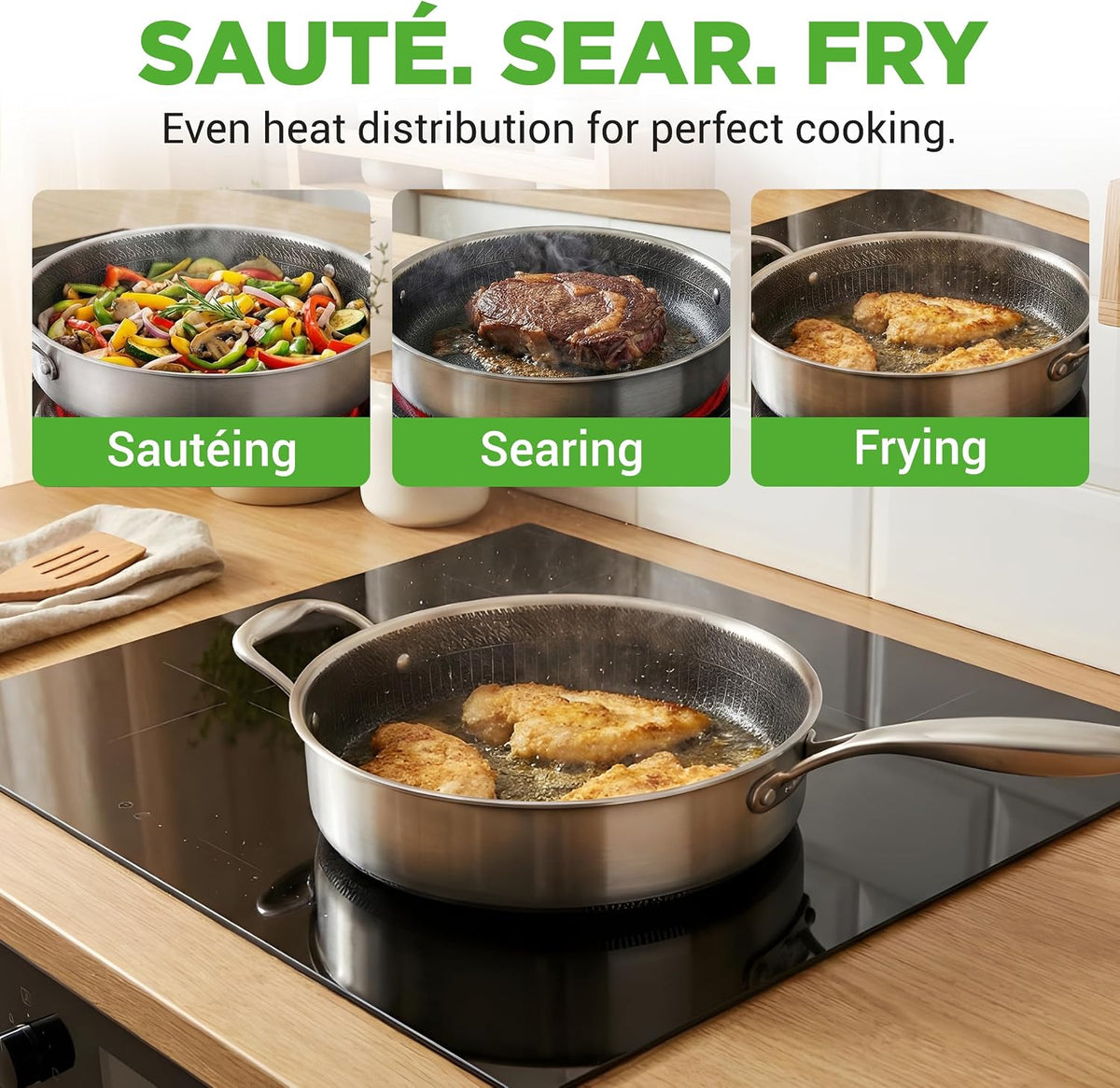 NutriChef 3.4QT Deep Frying Pan with Lid - Stainless Steel Non-Stick Saute Pan, Scratch-Resistant Honeycomb Texture, Oven & Induction Safe Skillet