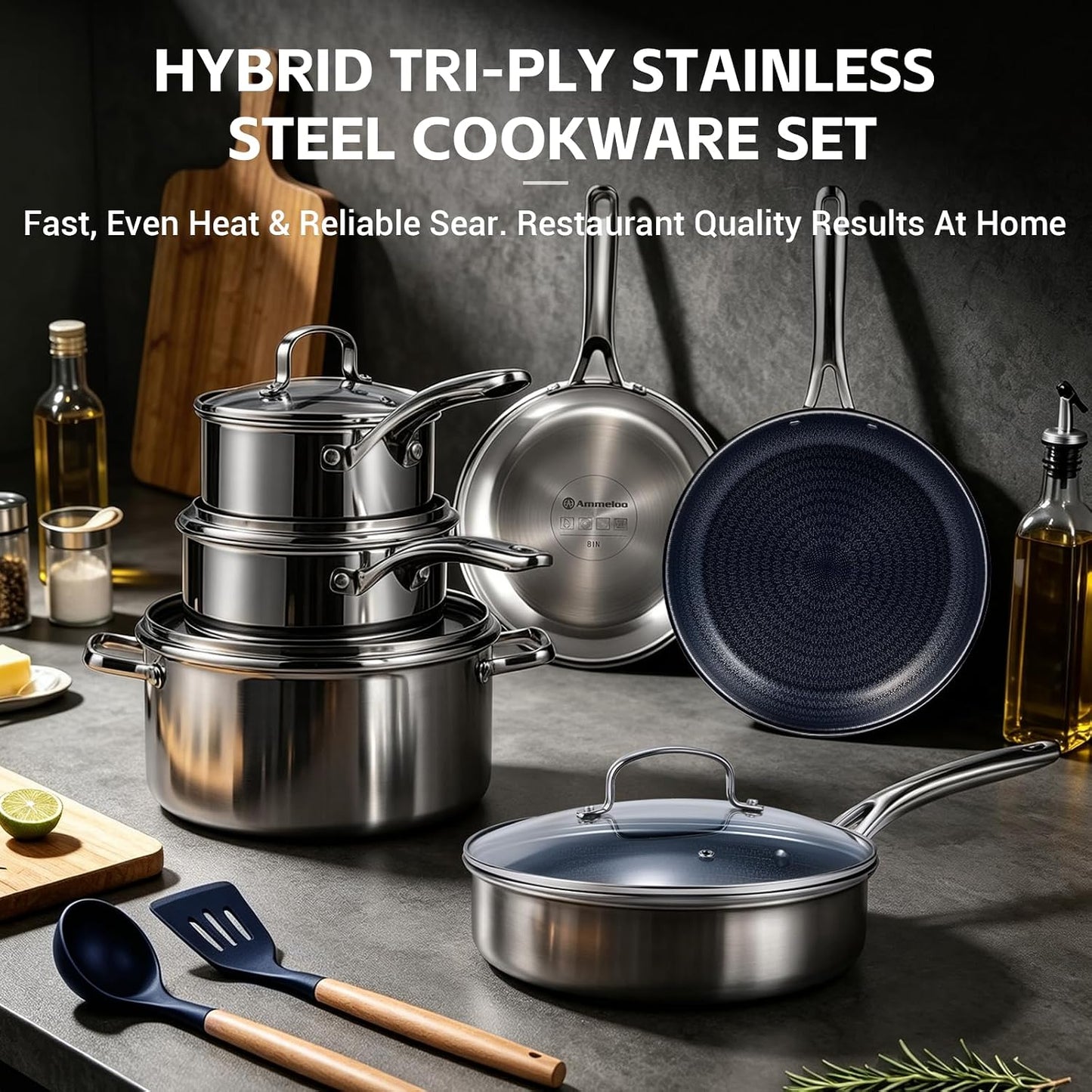 Hybrid Stainless Steel Cookware Set, 17-Piece Tri-Ply Pots and Pans Set Non Stick, Induction Kitchen Cookware Sets, Dish