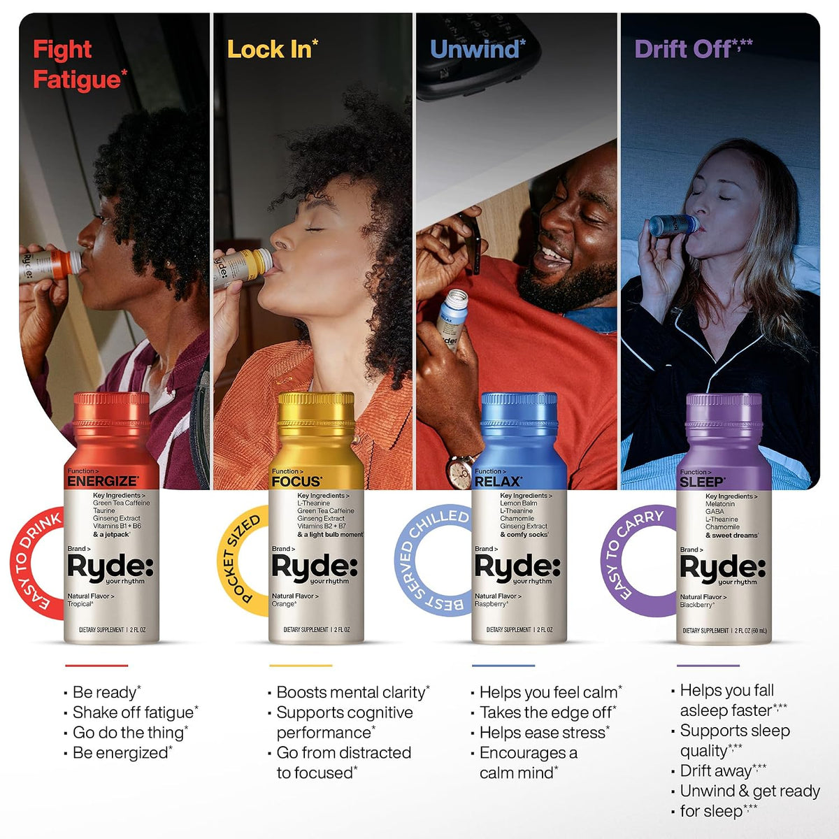 RYDE Variety Shots, Tropical, Orange &amp; Raspberry Flavors, 24 Pack | energy and focus support; calm support; three-flavor assortment; daily wellness supply; vegan zero calorie
