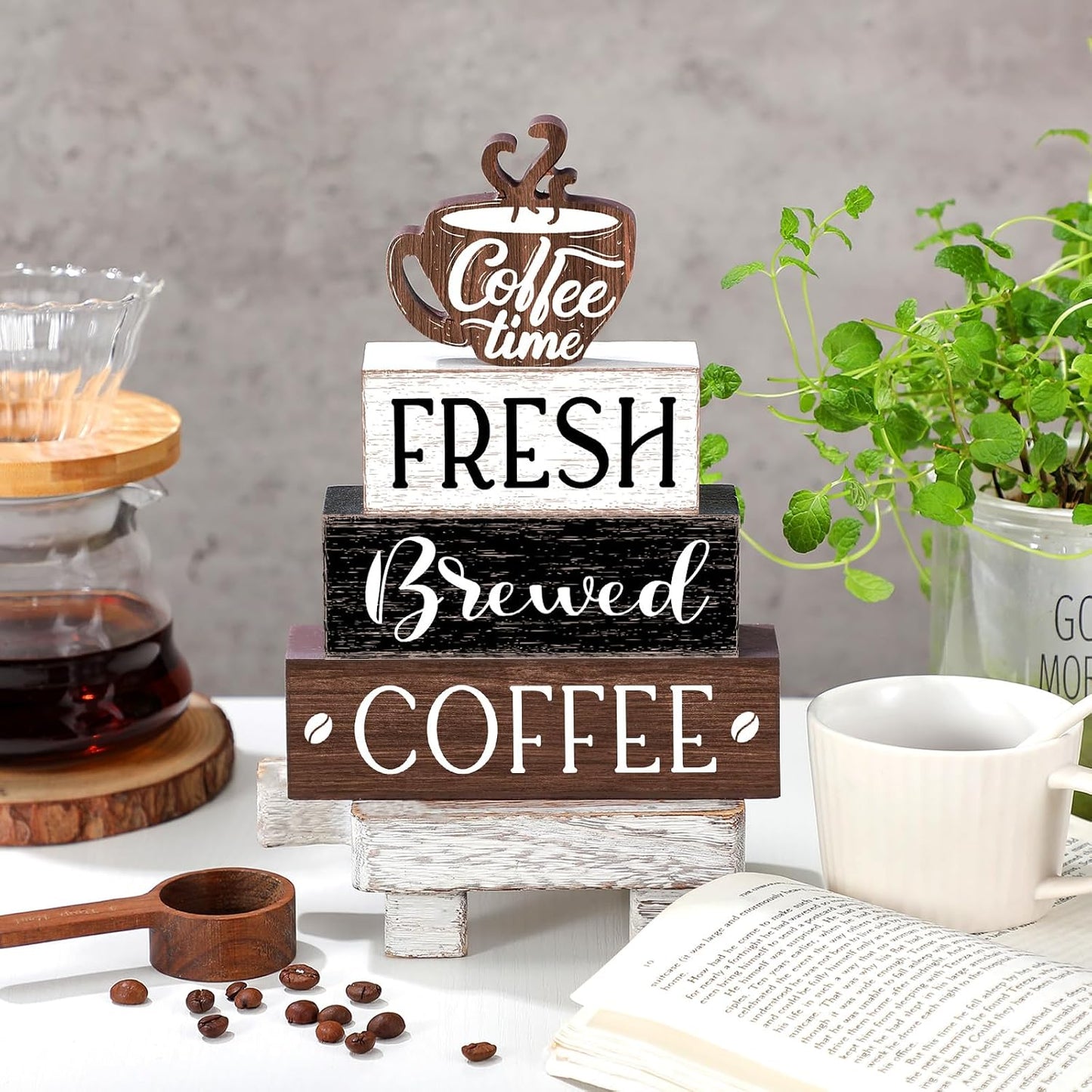 Cinnvoice 4 Pcs Coffee Bar Sign Accessories Wood Coffee Station Decorations | Coffee Time Fresh Brewed, Rustic Bar Sign Gift, Farmhouse Tiered Tray Table Centerpiece, for Counter Kitchen Shelf Tabletop