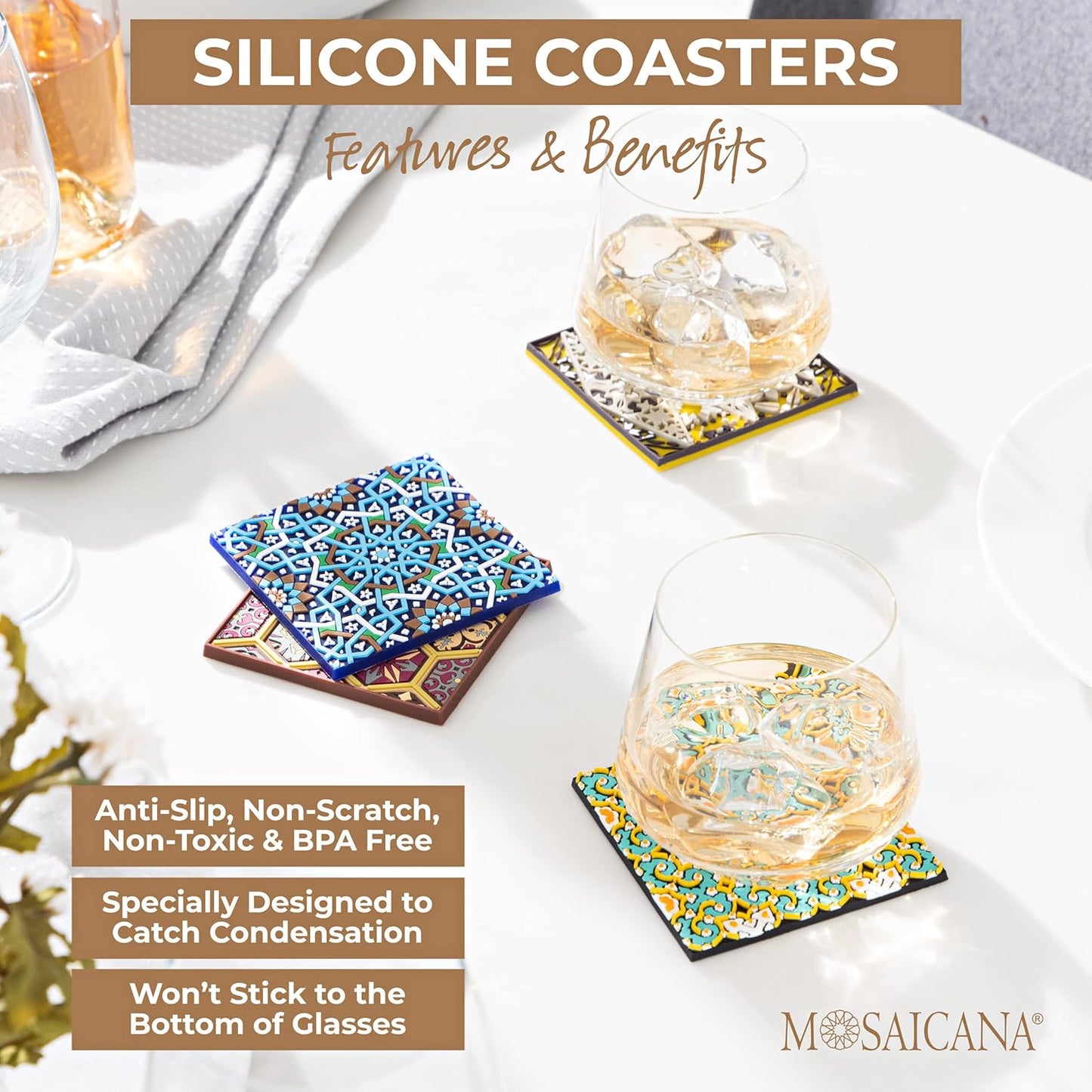 Coasters for Drinks – Set of 4 Coasters, Silicone, Protect Against Water Marks or Damage - Fit All Cups, 3.5" Inch Size Fits, Colored Coasters (Burgundy)