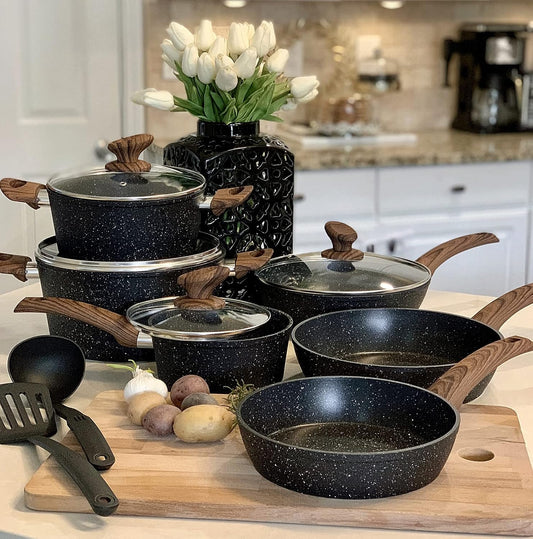 Kitchen Academy Pots and Pans Set Non Stick, 12pcs Induction Cookware | Nonstick Kitchen Cookware Set, Black Granite Coo