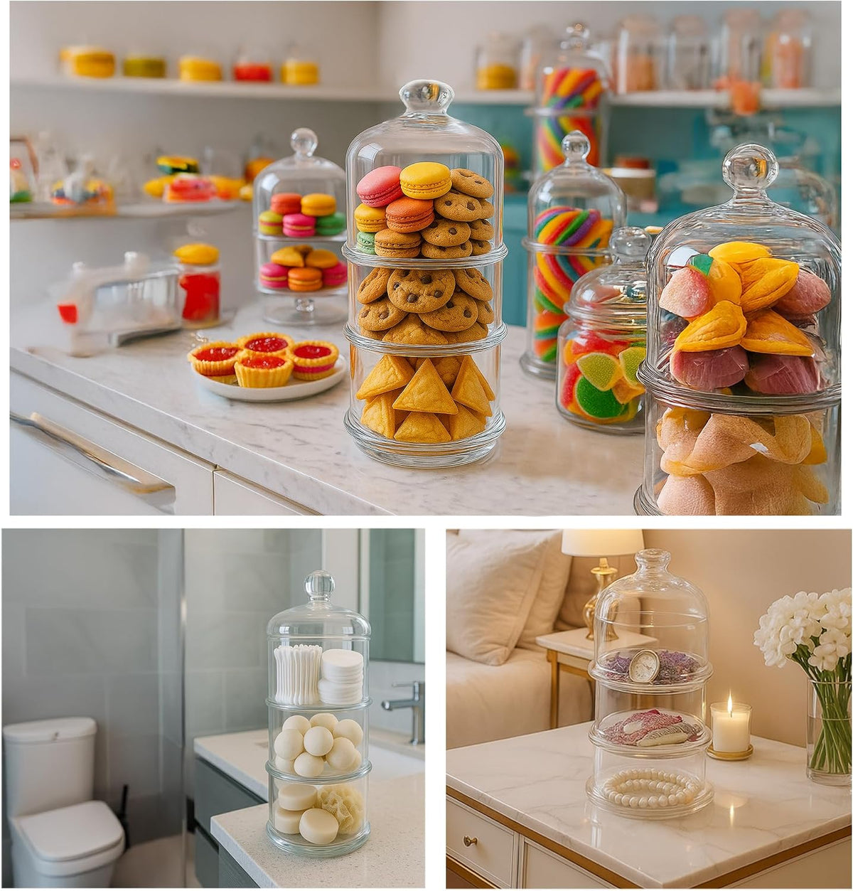 Ums 3 Tier Glass Jars with Lid, Cookie Jar, Candy Jars for Candy Buffet, Apothecary Jars, Kitchen &amp; Bathroom Organizers and Storage