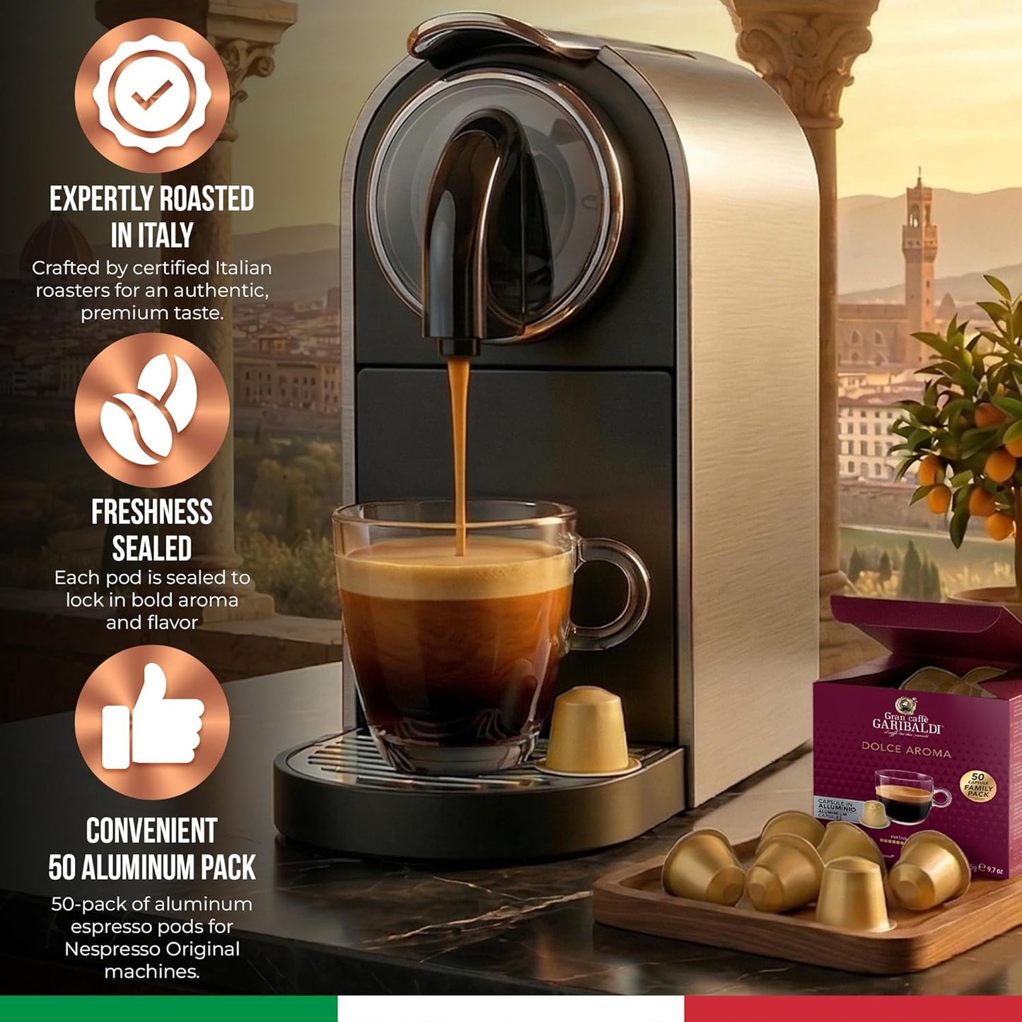Gran Caffè Garibaldi Dolce Aroma Espresso Capsules Italian Roasted 50 Count | Italian Roasted Espresso Capsules With Full-Bodied Crema, Compatible With Nespresso Original Machines, Coffee Pods, 50 Count