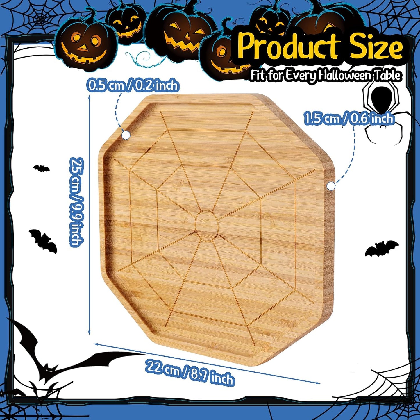 TJ POP Bamboo Serving Tray - Octagon Spider Web Design Snack Dessert Platter for Candy, Cheese, Natural Wood Appetizer Tray Charcuterie Board for Party, Home Decor &amp; Food Display (10” x 9”)