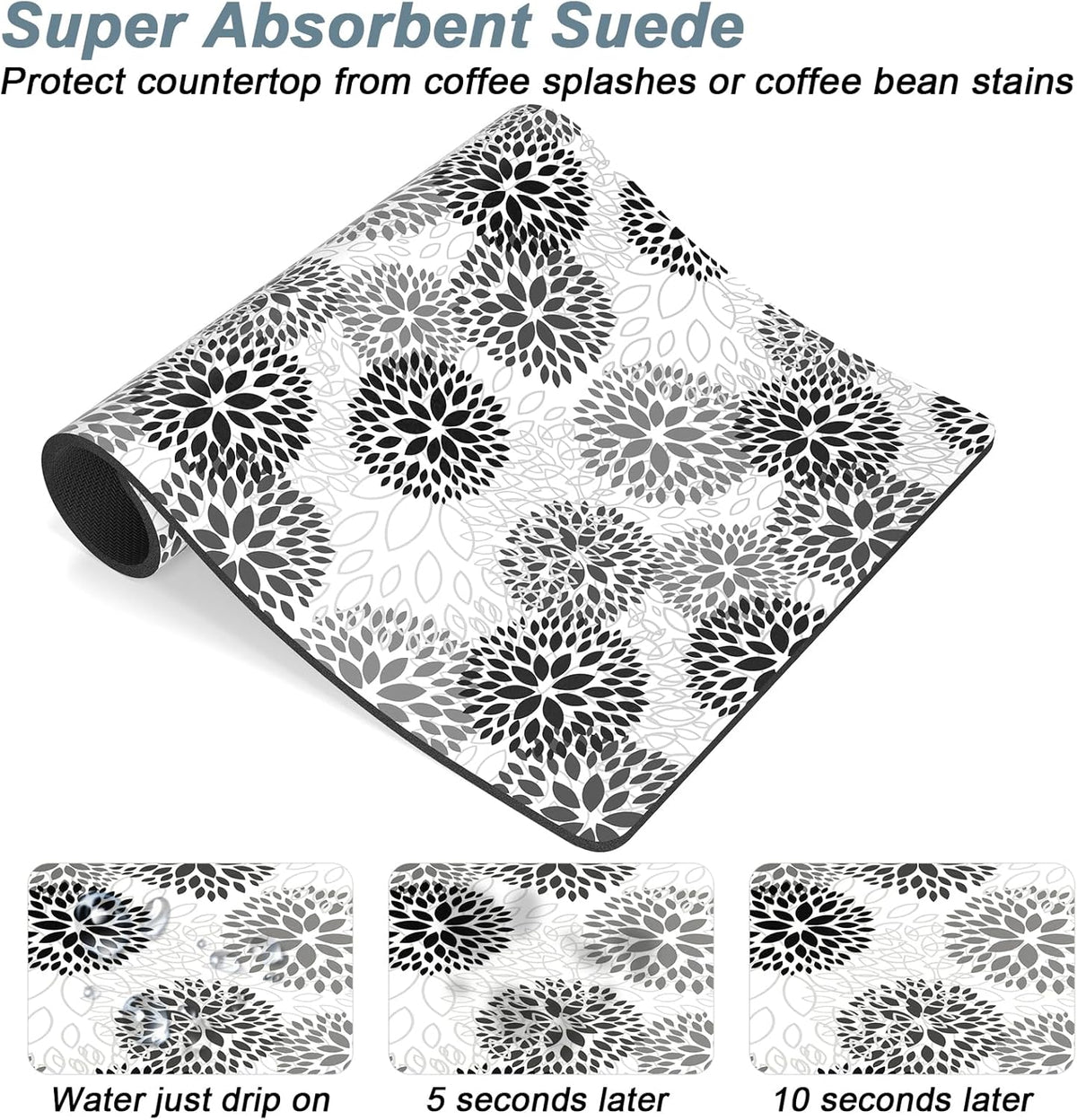 Rnivvi Coffee Mat, 12" x 19" Cute Coffee Bar Mats for Espresso Machine Station Accessories and Organizer, Hide Stain Rubber Backed Absorbent Dish Drying Pad for Kitchen Counter, Cartoon Flowers