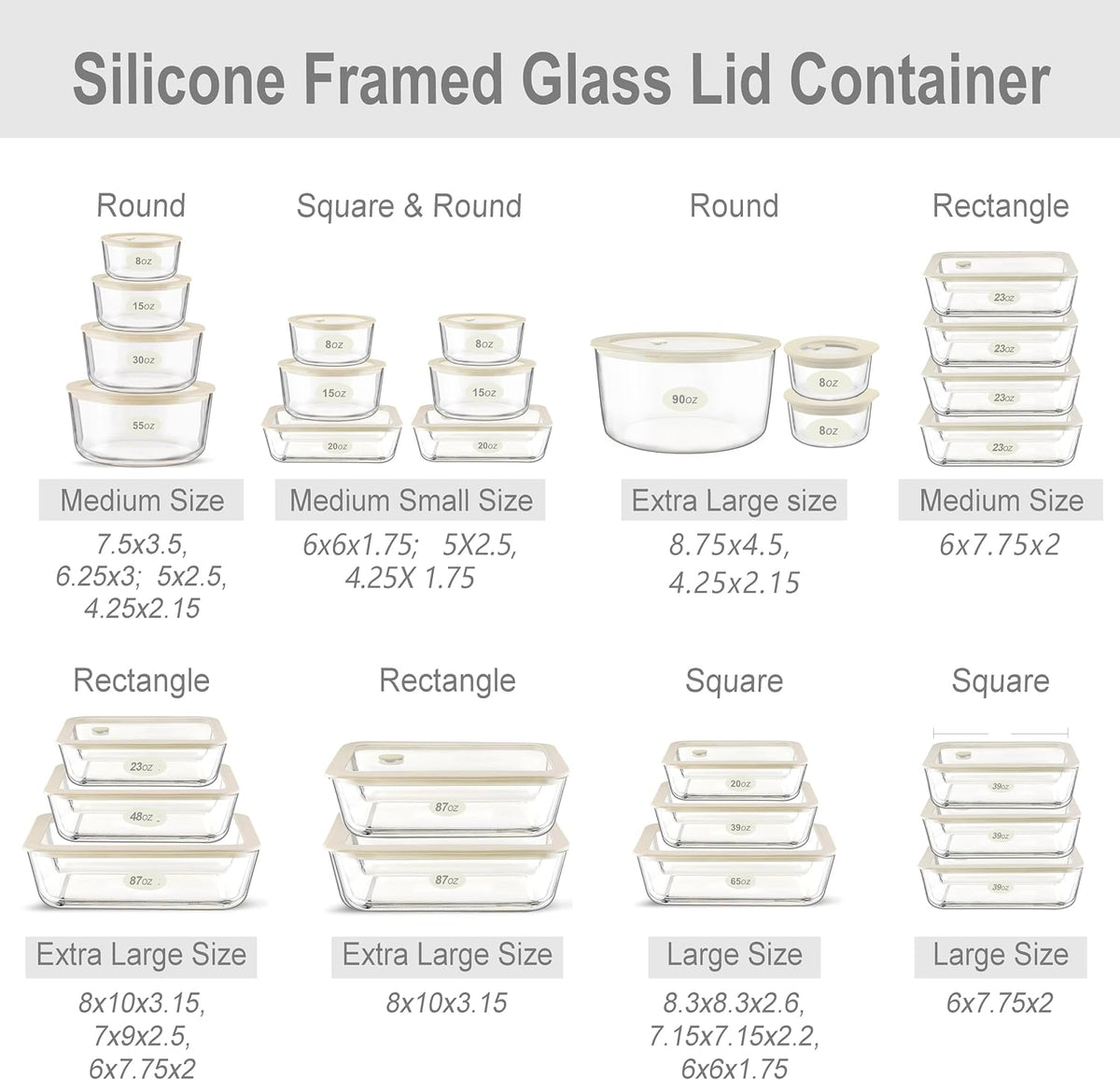Urban Green Glass Food Container Set with Silicone Glass Lid, Large Size 3 Pack, Meal Prep Food Storage Containers with Airtight Lids, Leakproof, 100% Plastic Free, White color