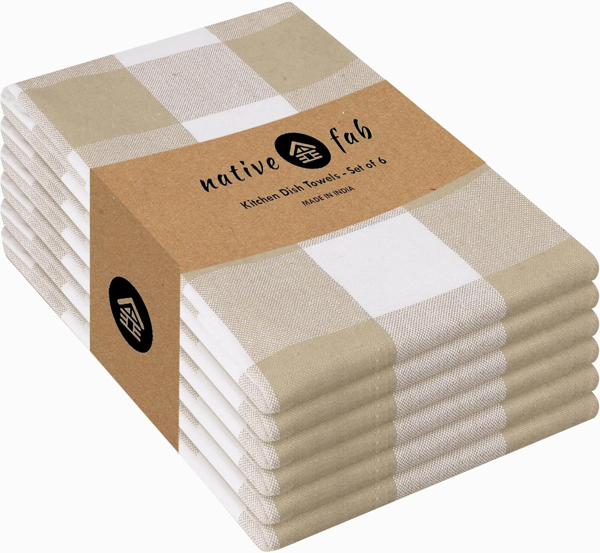 Native Fab 6 Pack Buffalo Check Kitchen Towels16 x26 - Cotton Dish Towels Washable - Absorbent Tea Towels, Soft Hand Towel with Hanging Loop, Dish Cloth Set - Beige White