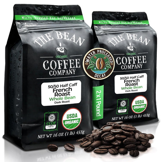 The Bean Organic Coffee Company 50/50 French Roast, 50% Decaf, Dark Roast, Whole Bean Coffee, 16-Ounce Bag (Pack of 2), USDA
