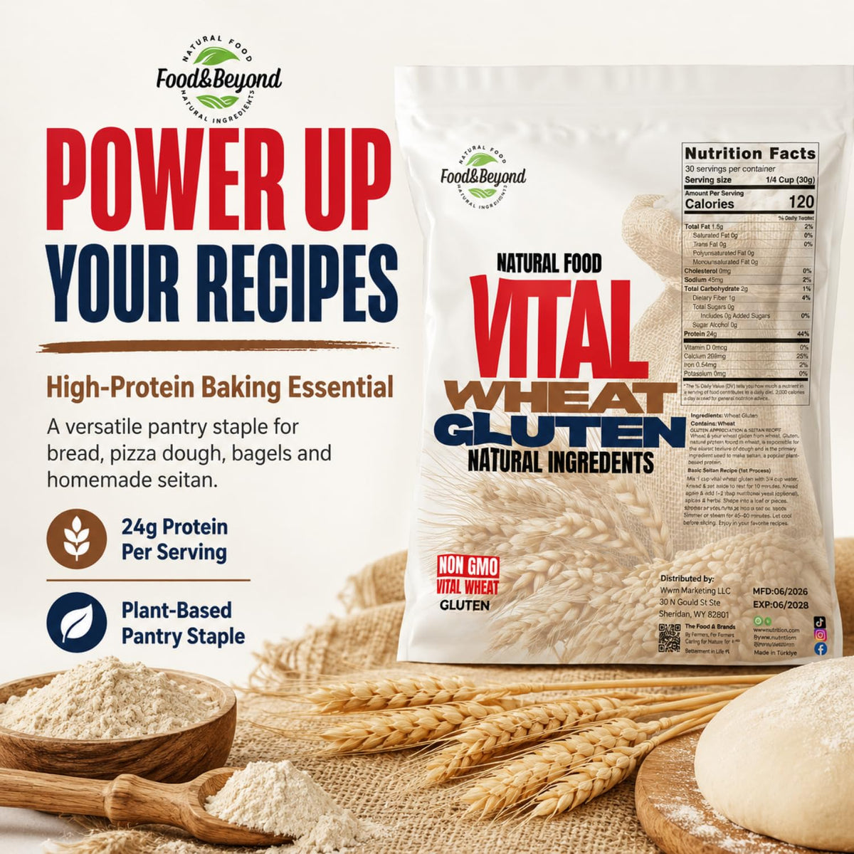 Food &amp; Beyond Vital Wheat Gluten 4 lb | High-Protein Natural Wheat Flour | Premium Quality for Baking, Bread, Pizza Dough &amp; Seitan Recipes