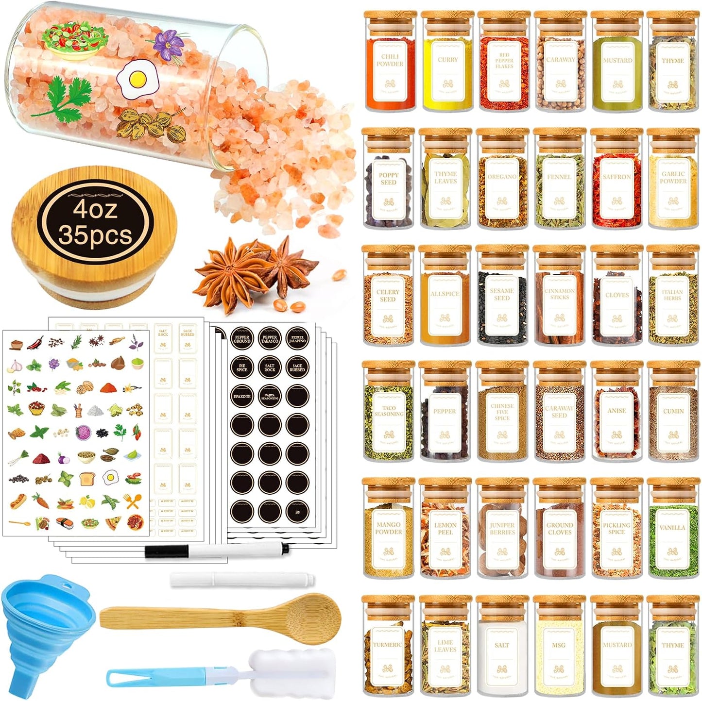 BGraceyy Spice Jars with Labels, 35 Pcs 4 oz Glass Spice Jars with Bamboo Lids, Minimalist Stackable Airtight Spice Containers with 426 labels for Home Kitchen, Pantry, Spice Cabinet, Drawer, Rack