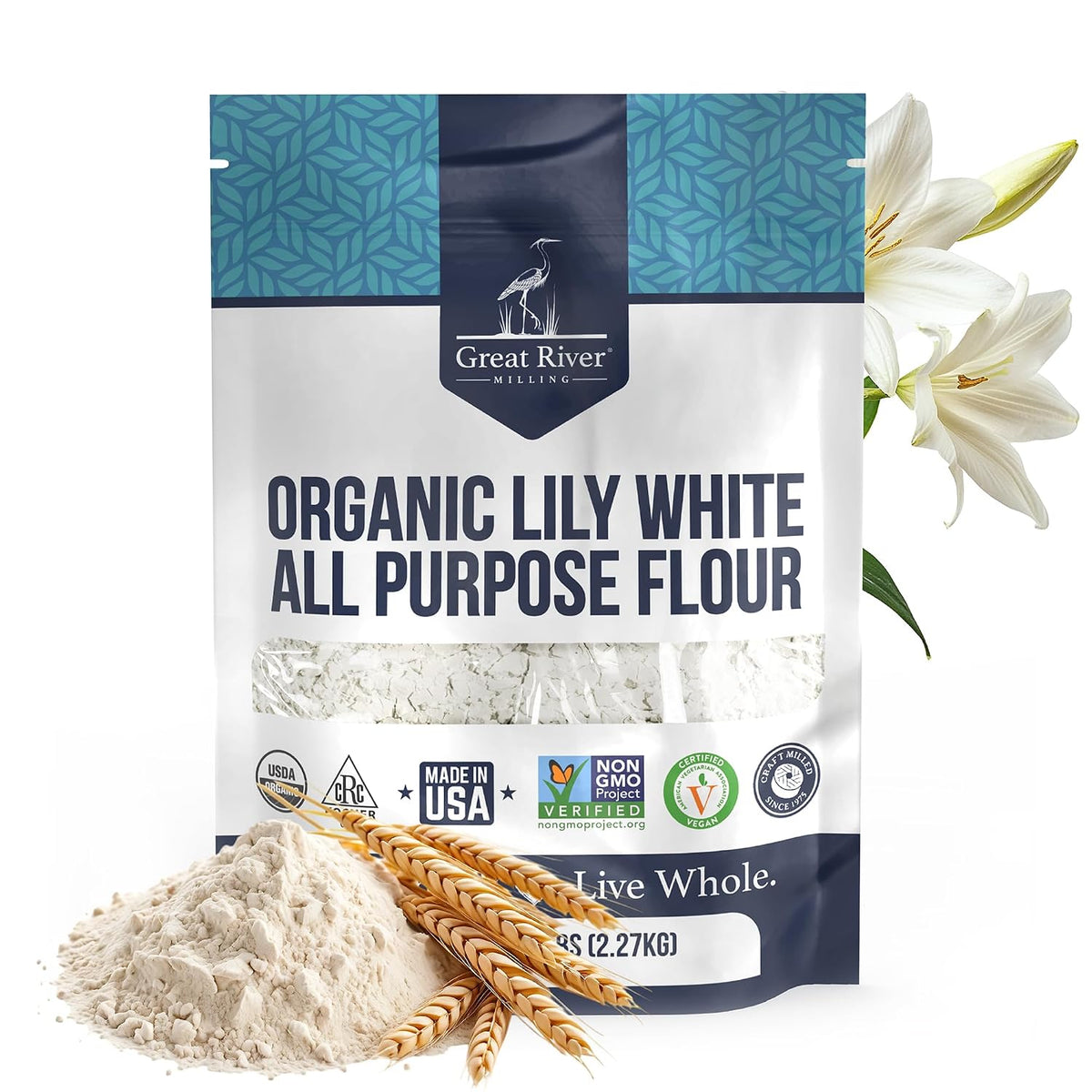 Great River Milling Organic Lily White All Purpose Flour, 5 lb | Organic Lily White All-Purpose Flour for cookies, cakes, muffins, biscuits, breads, pizza dough and pie crust; balanced