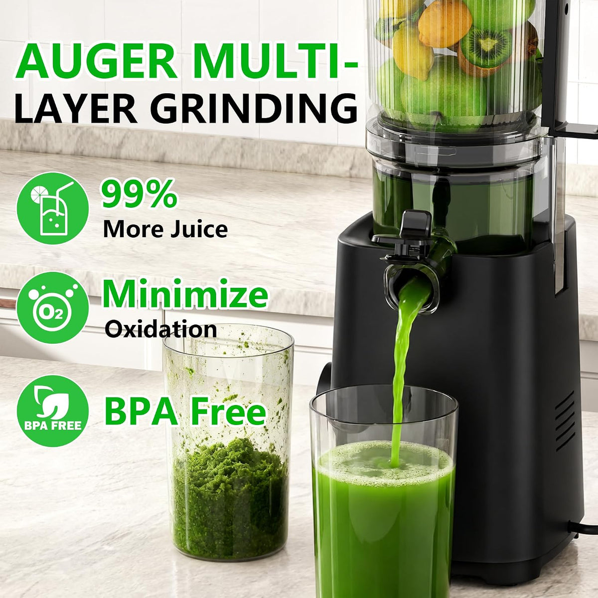 Cold Press Juicer, Masticating Slow Juicers, 6.5" Extra Large Feed Chute Juicers Machines, 350W Juicer Machines with High Juice Yield for Whole Vegetables & Fruits, BPA Free, Black, Easy to Clean