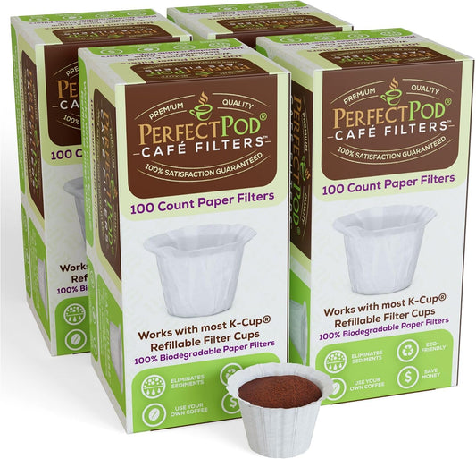 Perfect Pod Café Filters Paper Liners for Reusable K-Cup Coffee Pod, 400 Ct | Disposable Paper Liners, Fits Most Refillable Coffee Pods, Traps Sediment and Oils for Smoother Coffee and Easy Cleanup