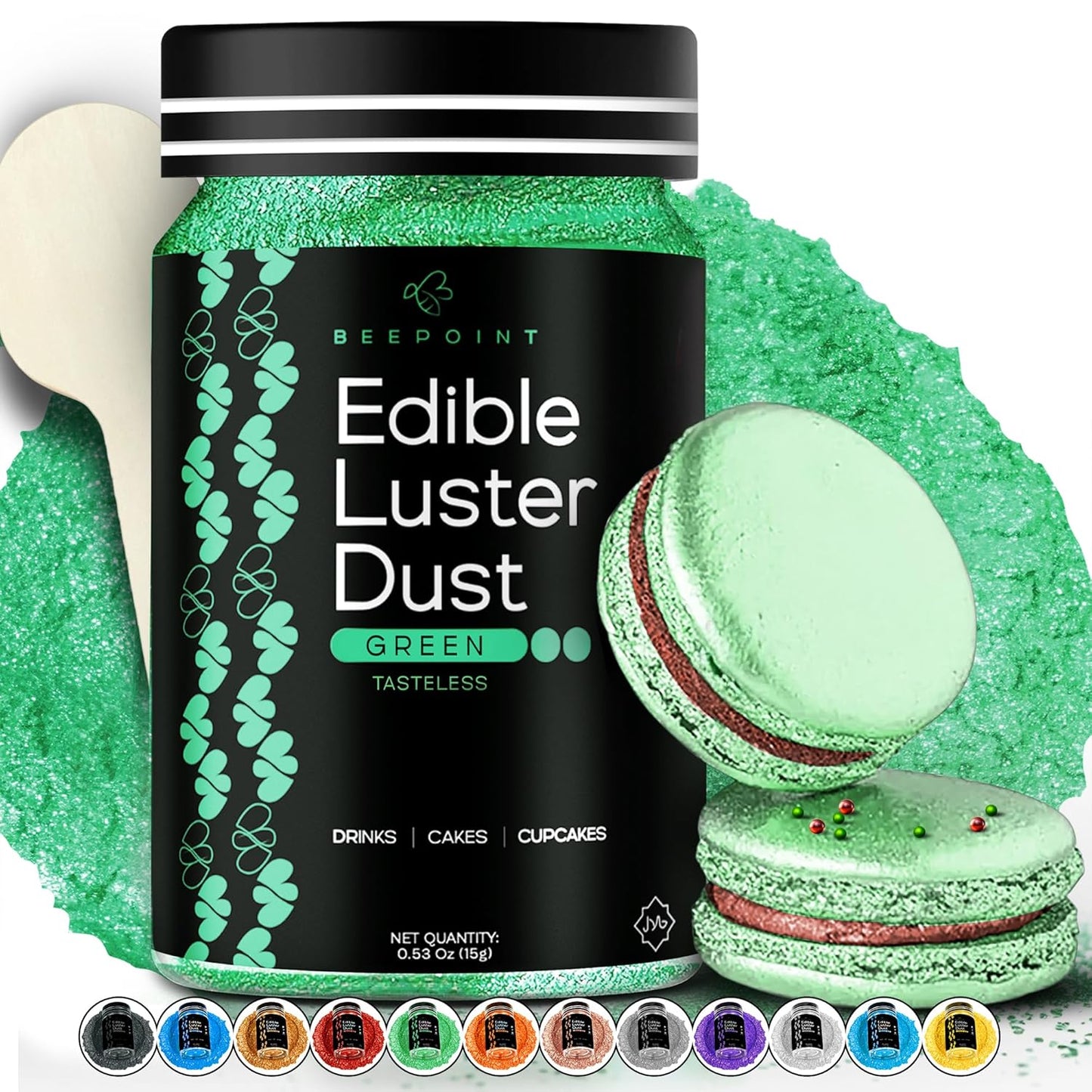 BeePoint Green Edible Luster Dust 15g - Food Grade, Vibrant Color Shimmer Powdered Dust for Drinks, 