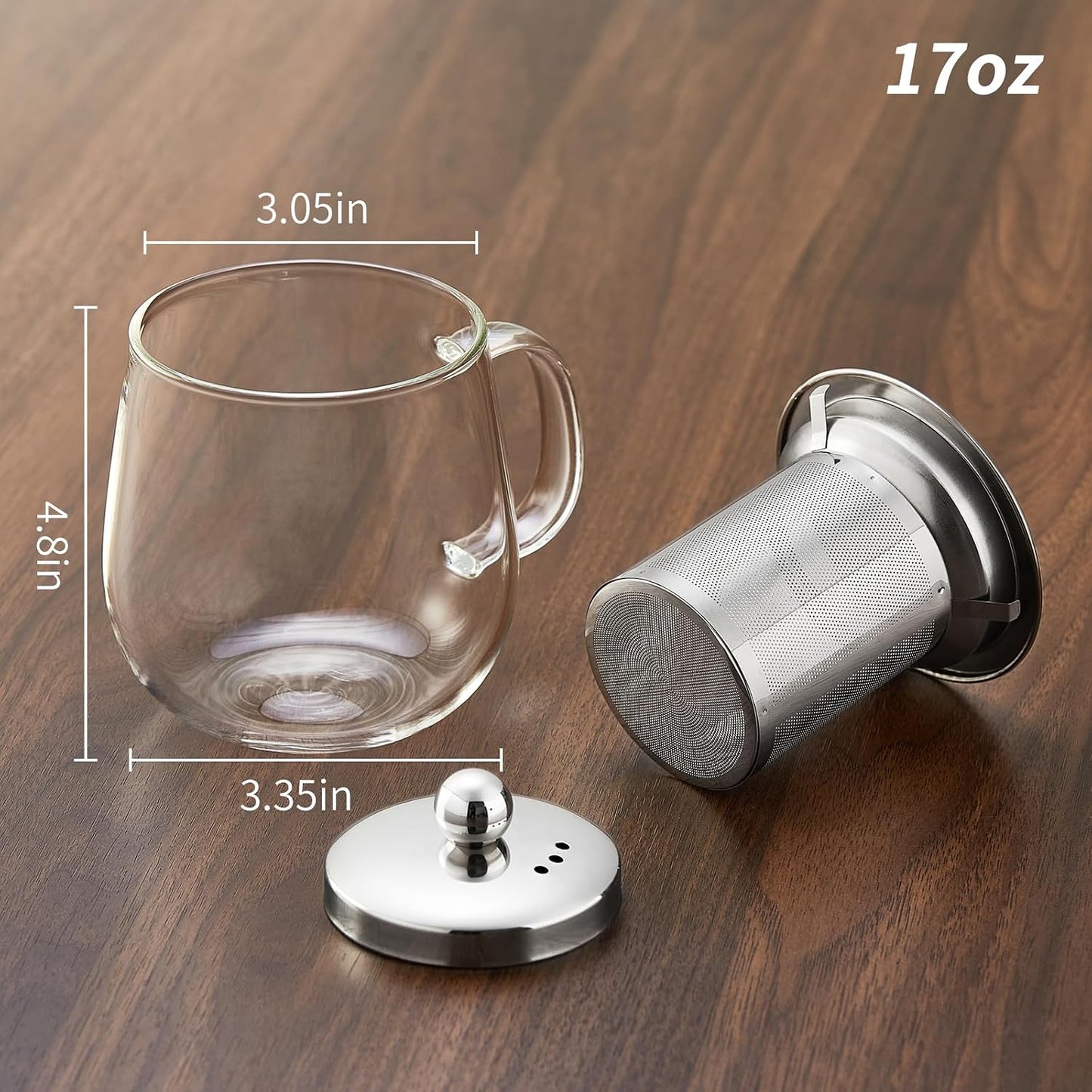 DOPUDO Glass Tea Cup with Infuser and Lid, 17.6oz/520ml Large Borosilicate Glass Teacup with Stailess Steel Filter, Clear Mug for Loose Leaf Blooming Tea, Dishwasher Safe - Tea Maker Gift.