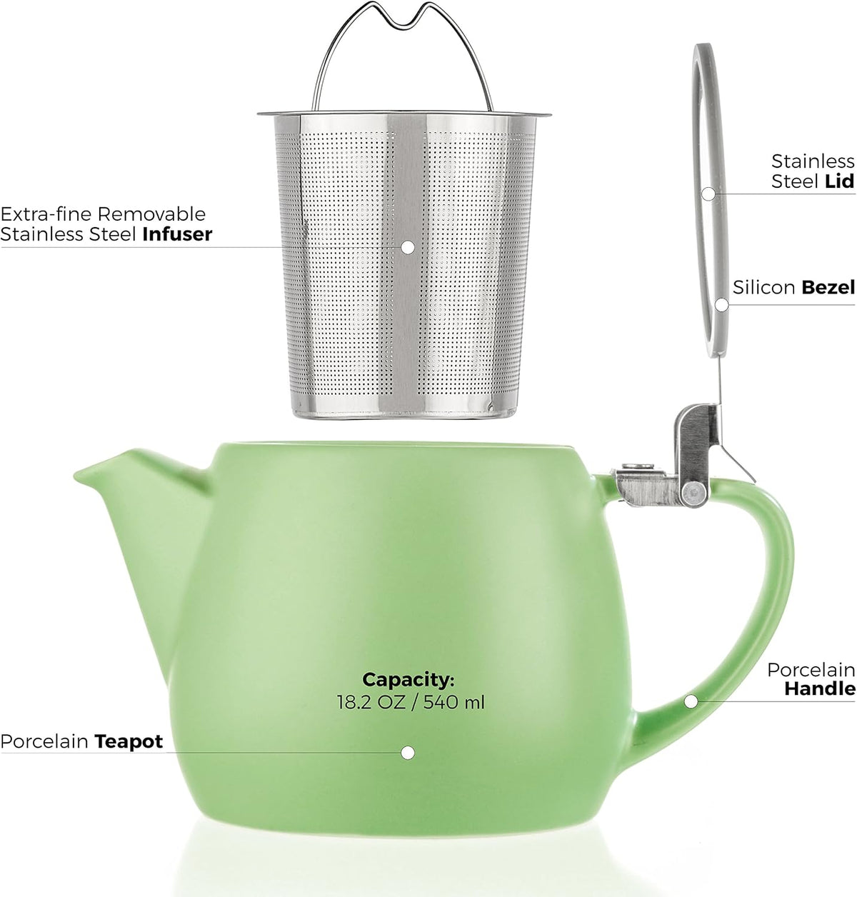 Tealyra - Pluto Porcelain Small Teapot Lime - 18.2-ounce (1-2 cups) - Matte Finish - Stainless Steel Lid and Extra-Fine Infuser To Brew Loose Leaf Tea - 540ml