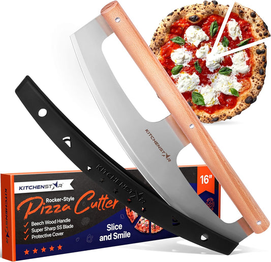 KitchenStar 16-Inch Pizza Cutter Rocker Blade - Razor Sharp Stainless Steel Slicer Knife, Stylish Beech Wood Handle,