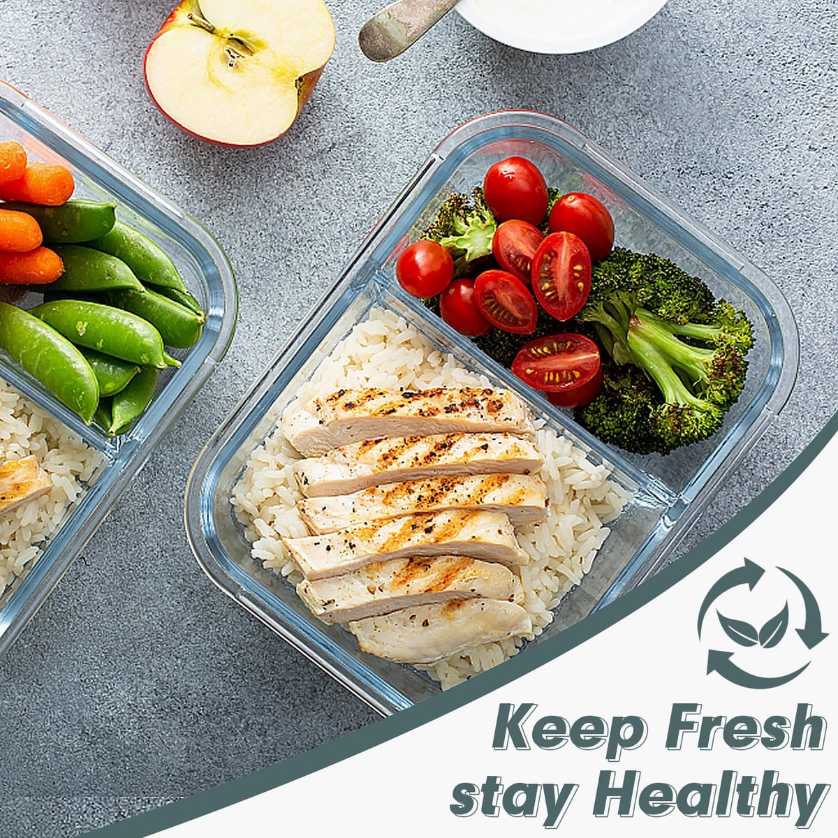 VERONES 10 Pack Glass Meal Prep Containers 2 Compartment Set, 30 OZ Airtight Glass Lunch Containers, Food Storage Containers with Lids, for Microwave, Oven, Freezer & Dishwasher Friendly，White