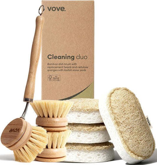 Vove Cleaning Duo, Bamboo Dish Brush Set and Natural Dish Sponges