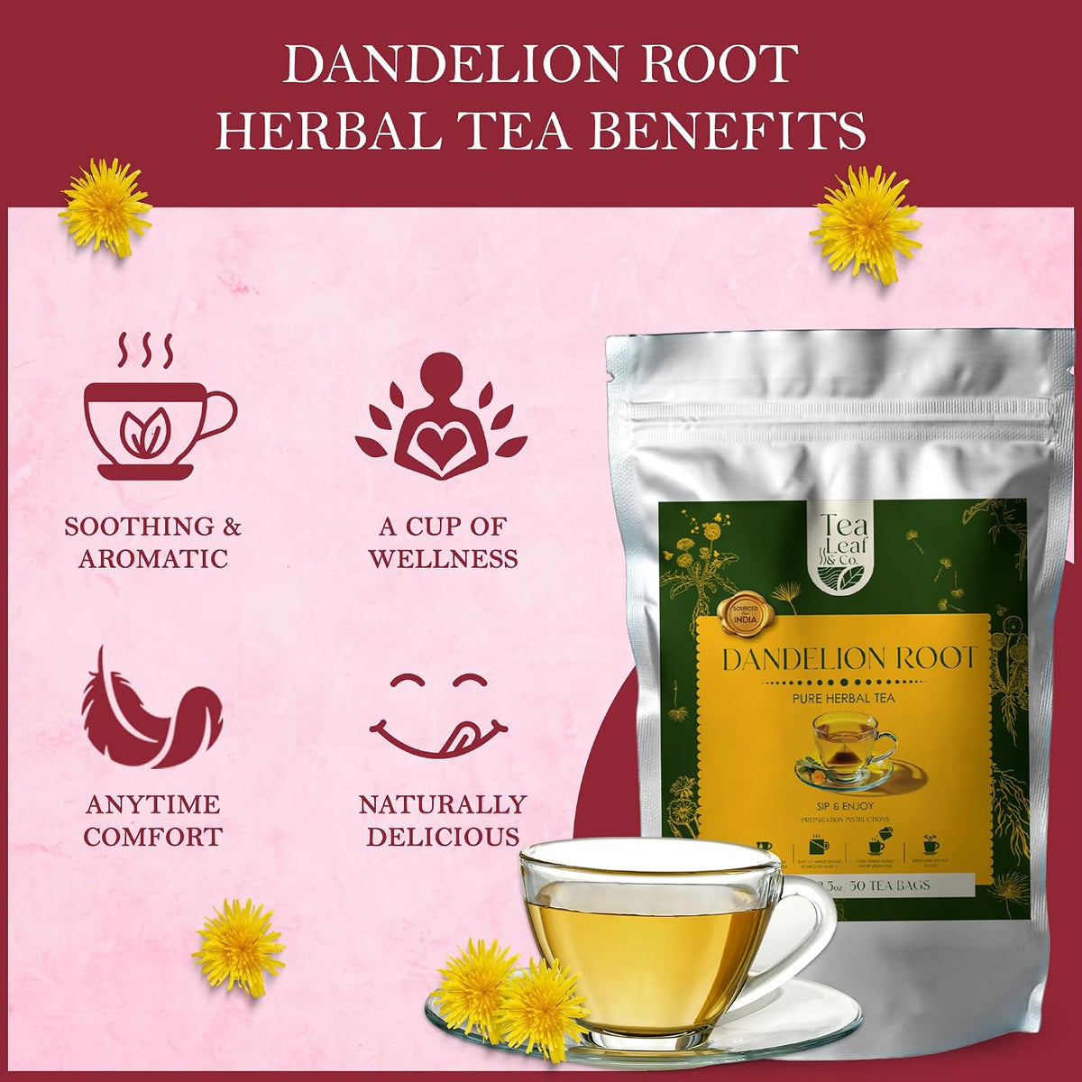 Dandelion Root Herbal Tea 100gm/3.5oz, Natural Herbal Infusion, 50 Tea Bags