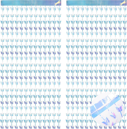 BRAVESHINE Iridescent Hanging Butterfly Foil Fringe Curtain - 2 Pack 3.2x6.6ft Holographic Party Streamers Backdrop for