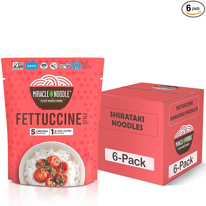Miracle Noodle Ready to Eat Fettuccine Pasta, 7 Oz (Pack of 6), Plant Based Shirataki Konjac Noodles, 5 Calories, 1g Net Carbs Per Serving, Keto, Gluten-Free
