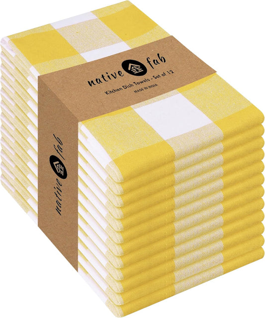Native Fab Yellow Buffalo Dish Towel 16"x26", Set of 12 - Cotton Plaid Towels, Soft Absorbent Dishcloths with Hanging Loop,