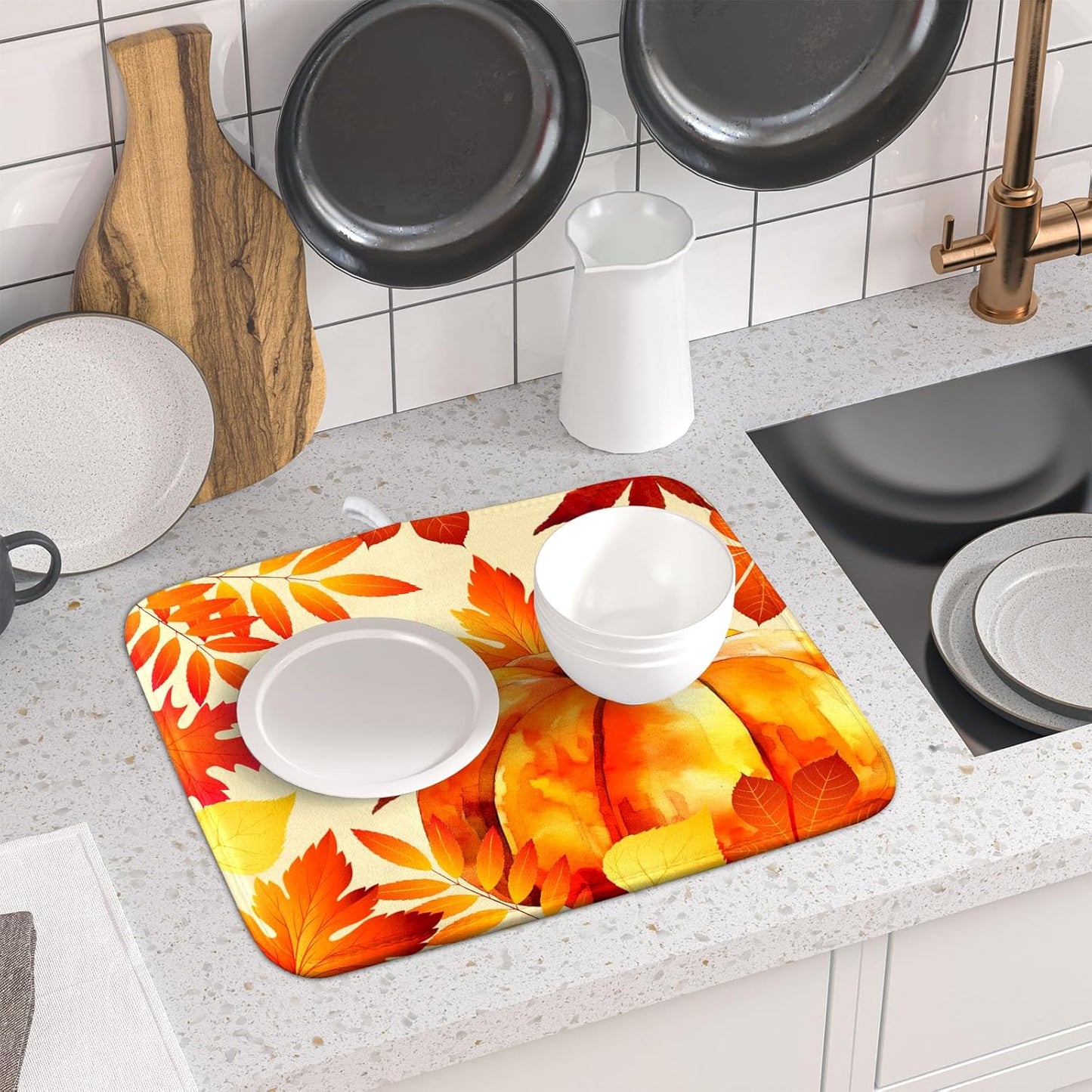 Autumn Pumpkin Maple Leaf Dish Drying Mat for Kitchen Counter,Thanksgiving Fall Holiday Drying Mat with Hanging Loop 16 x 18 Inch Microfiber Dish