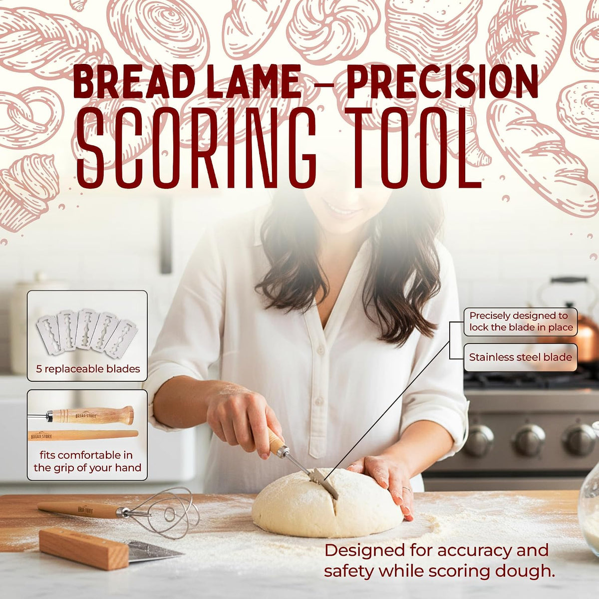 Danish Dough Whisk Set – Wooden Scraper &amp; Lame Scoring Tool | Sourdough Whisk &amp; Mixing Tool Kit | Bread Utensils for Homemade Bread, Pizza, Pastry | Stainless Steel &amp; Wood